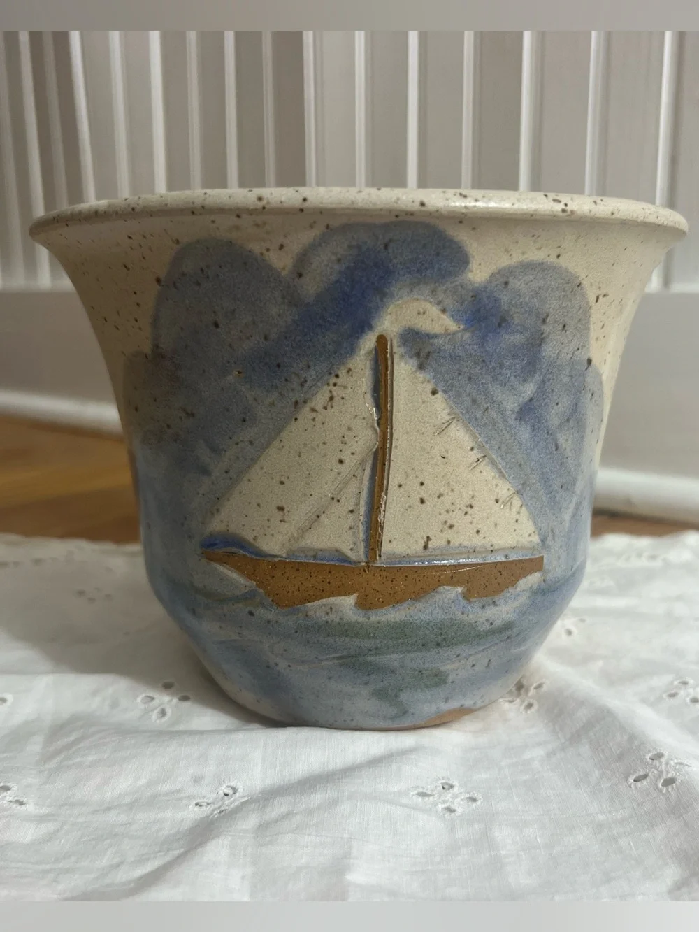 Studio Pottery Sailboat Planter Coastal Nautical Speckled Ceramic Art Pottery